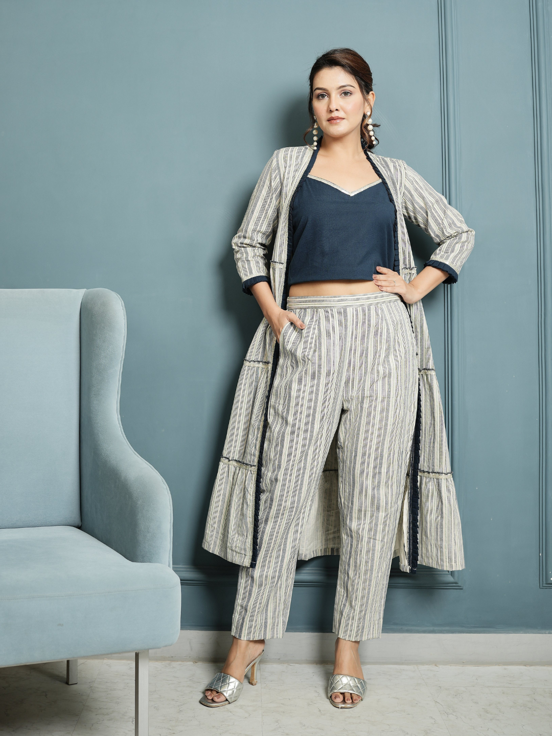 Indigo Crop Top And Pant with Cotton Linen Shrug