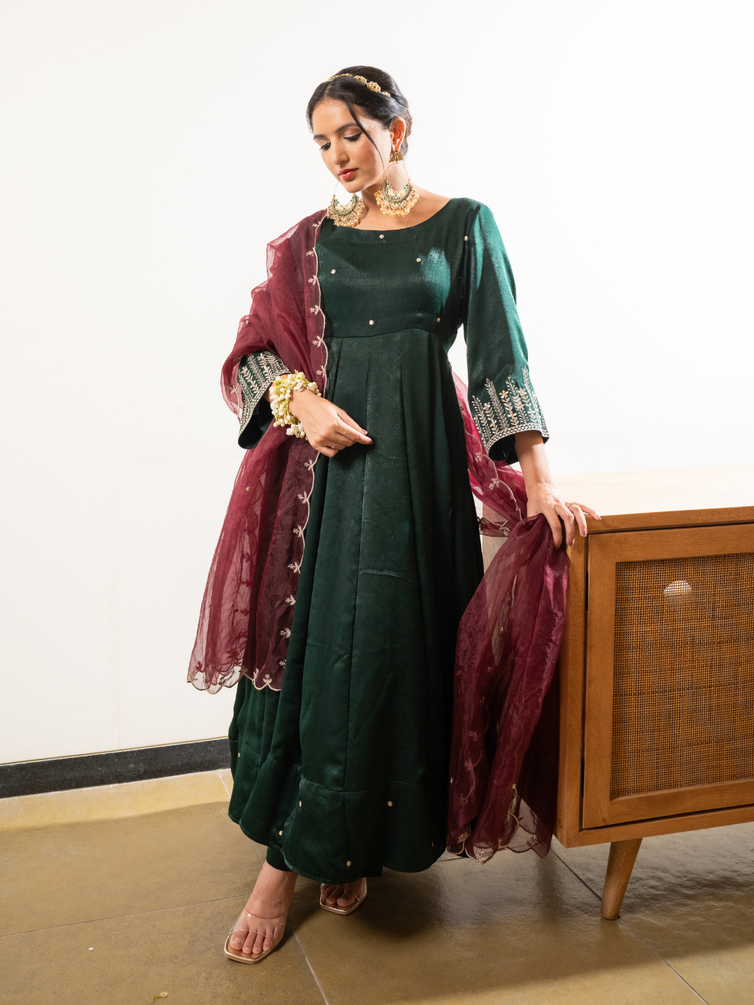 Velvet Satin Green Anarkali With Dupatta And Pants Label16 Velvet Satin Green Anarkali With Dupatta And Pants Label16
