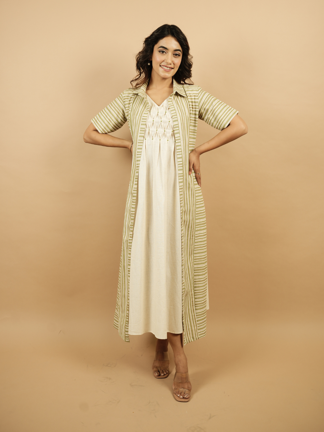 Sage Green Stripes Shrug Dress  Label16