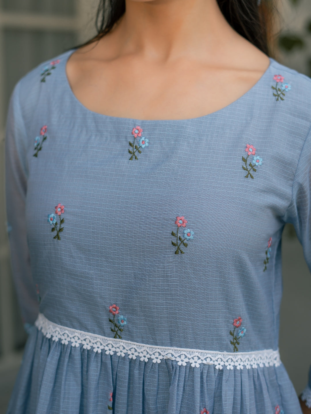 Blue Breeze Dress in Kota Doriya Fabric with Embroidery – Label16