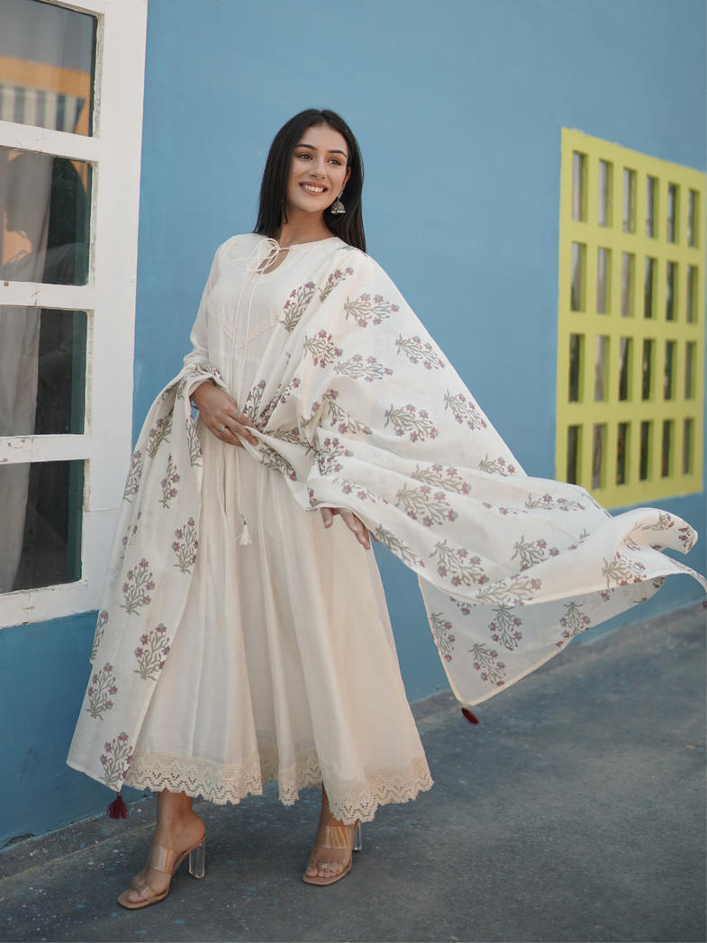 Off-White & Green Dhoti Style Dress with Shrug
