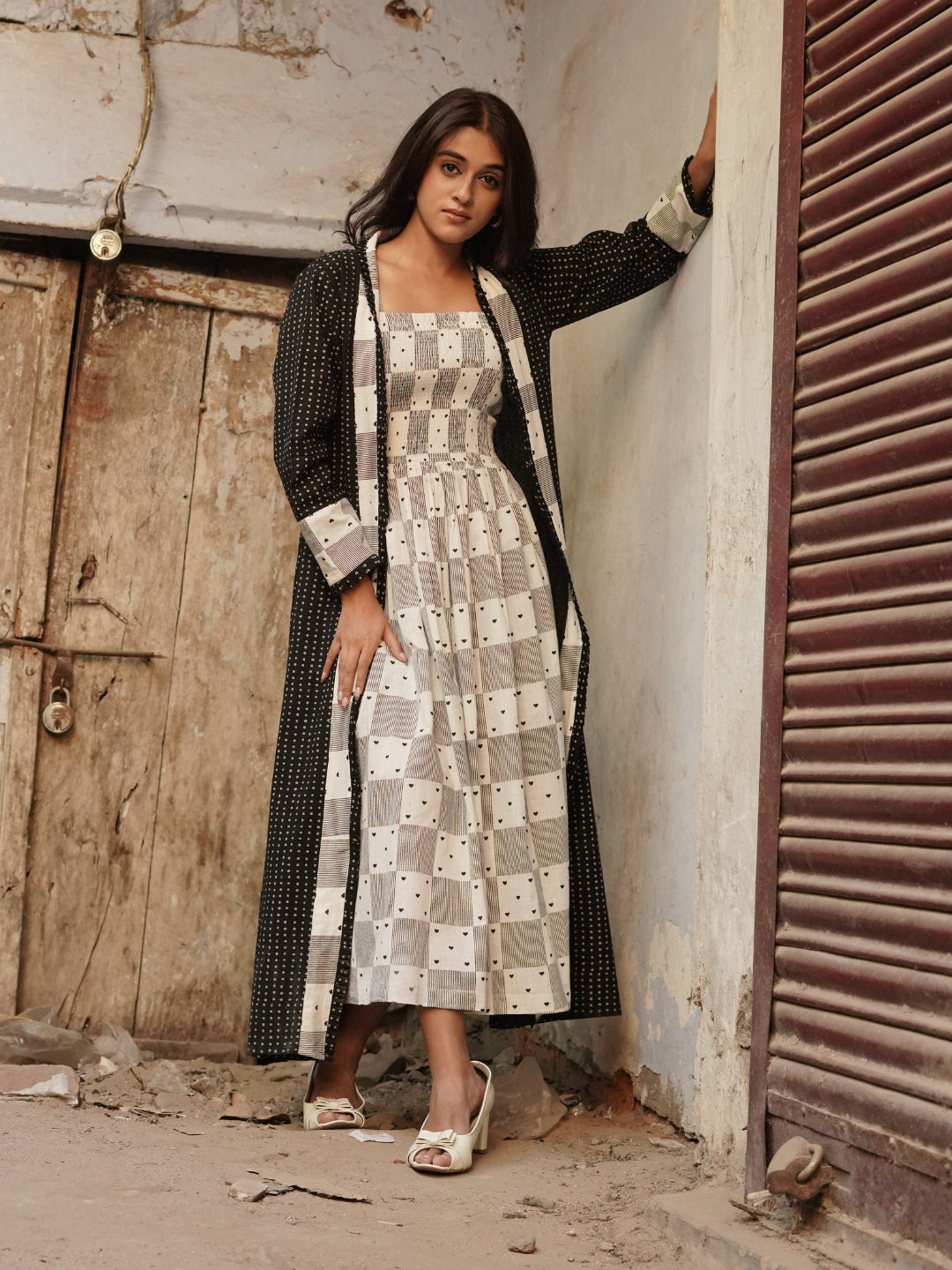 Heart Block Print Inner with Polka Dot Print Shrug