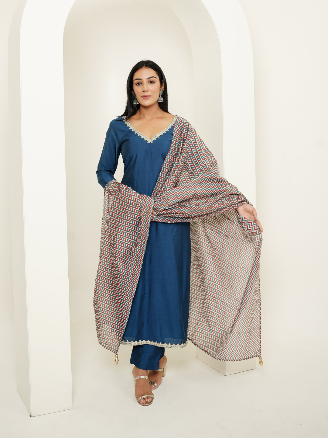 Kurta Set in Viscose Silk fabric with Chanderi Block Printed Duppata