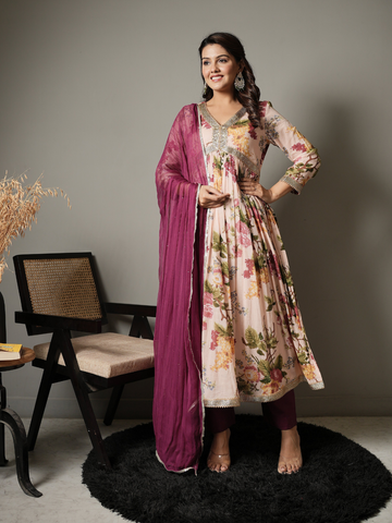 Women Off White & Blue Floral Anarkali Kurta With Pencil Pants & Dupatta