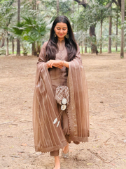 Brown Chanderi Kurta Set With Dupatta And Pants