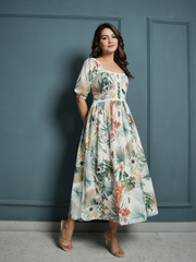 Flower Crinkle Crepe Dress with Lace