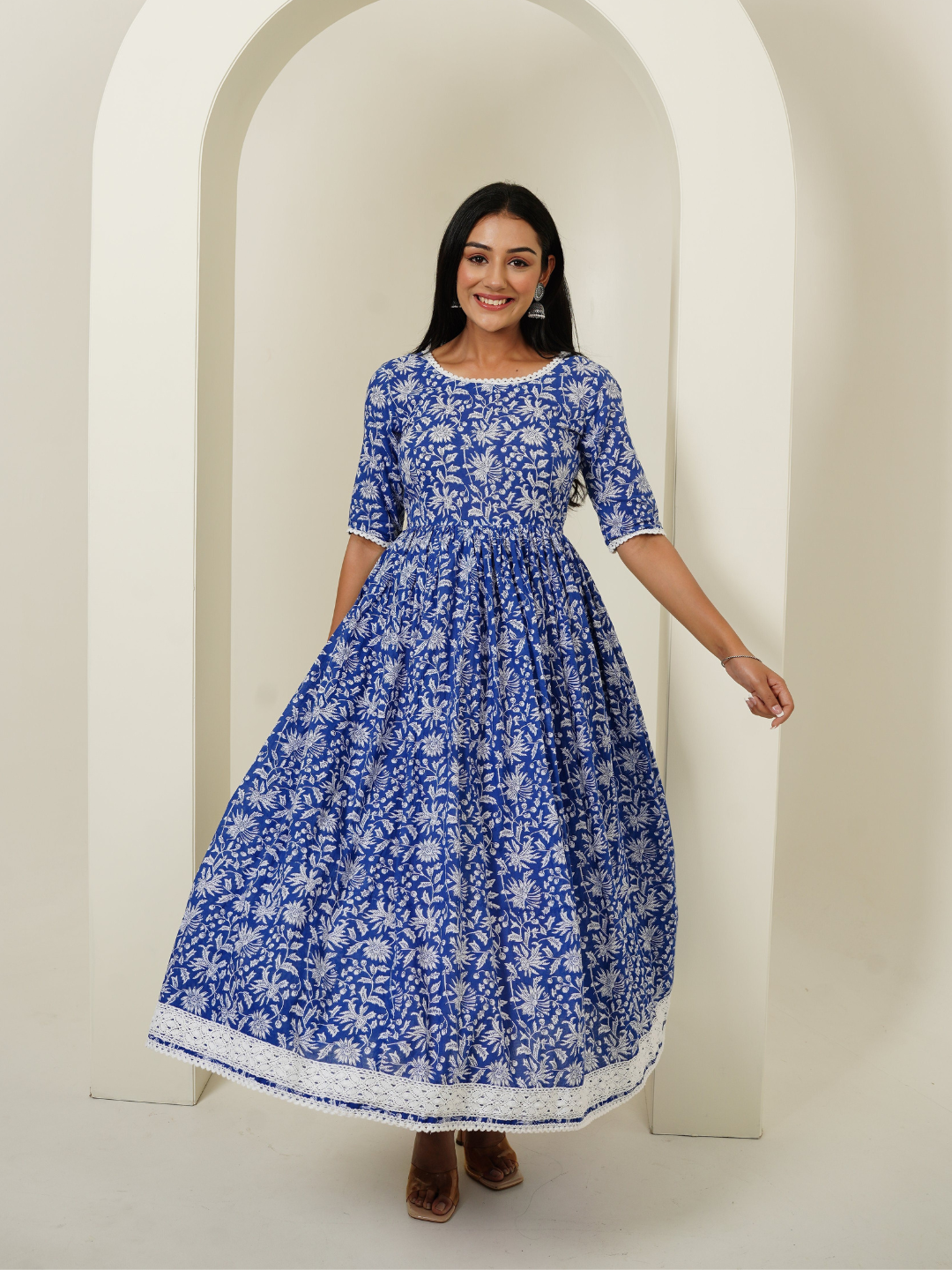 Blue Flower Print Dress with Lace