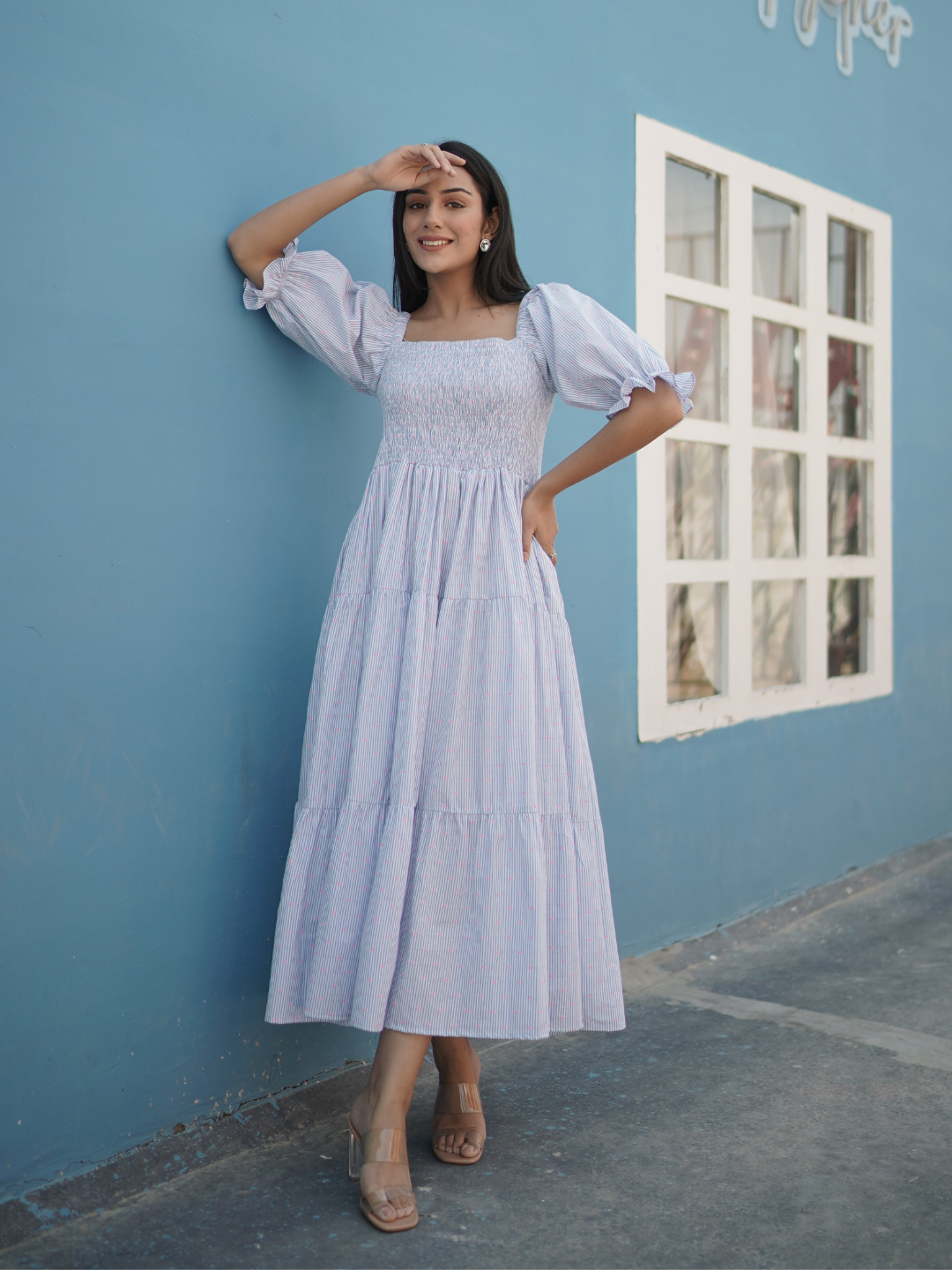 Cotton Dobby Smocked Midi Dress