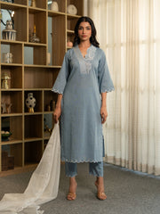 Chambray Embroidered Kurta Set with Dupatta and Pants