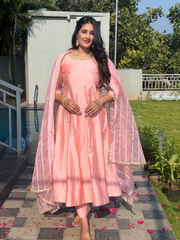 Pink Chanderi Kurta Set With Organza Dupatta