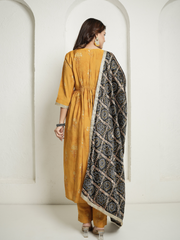 Muslin Yellow Kurta with Black Banhdej Dupatta