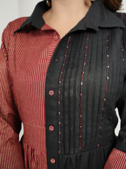 Red Block Print and Black Dress with Detailing
