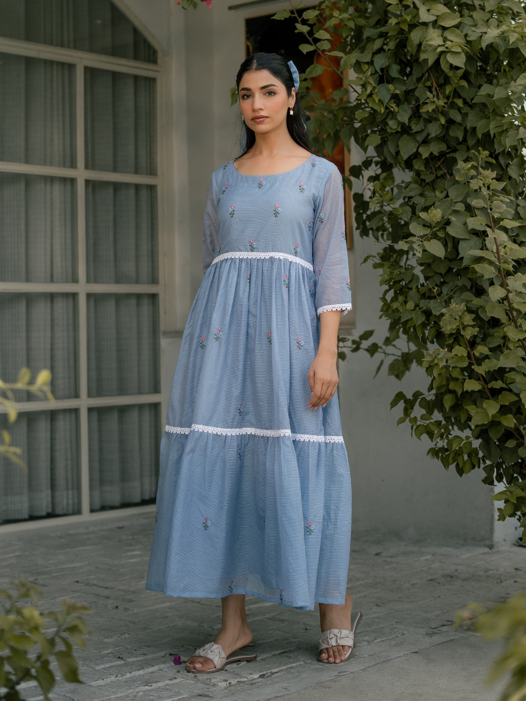 Blue Breeze Dress in Kota Doriya Fabric with Embroidery Label16 Blue Breeze Dress in Kota Doriya Fabric with Embroidery Label16