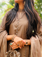 Brown Chanderi Kurta Set With Dupatta And Pants