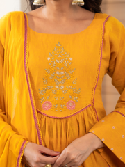 Yellow Cotton Embroidered Kurta Set With Dupatta And Pants