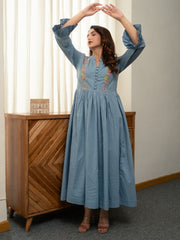 Dobby Blue Dress with Embroidery