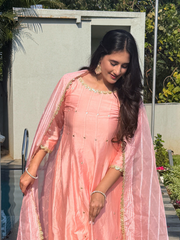 Pink Chanderi Kurta Set With Organza Dupatta