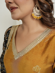 Muslin Yellow Kurta with Black Banhdej Dupatta
