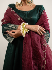Velvet Satin Green Anarkali With Dupatta And Pants