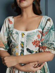 Flower Crinkle Crepe Dress with Lace