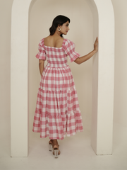 Pink Check Block Printed Dress