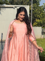 Pink Chanderi Kurta Set With Organza Dupatta