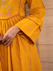 Yellow Cotton Embroidered Kurta Set With Dupatta And Pants