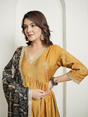 Muslin Yellow Kurta with Black Banhdej Dupatta