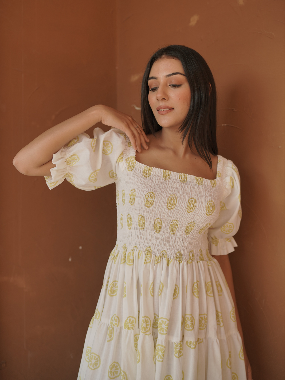 Lemon Smocked Yoke Midi Dress S