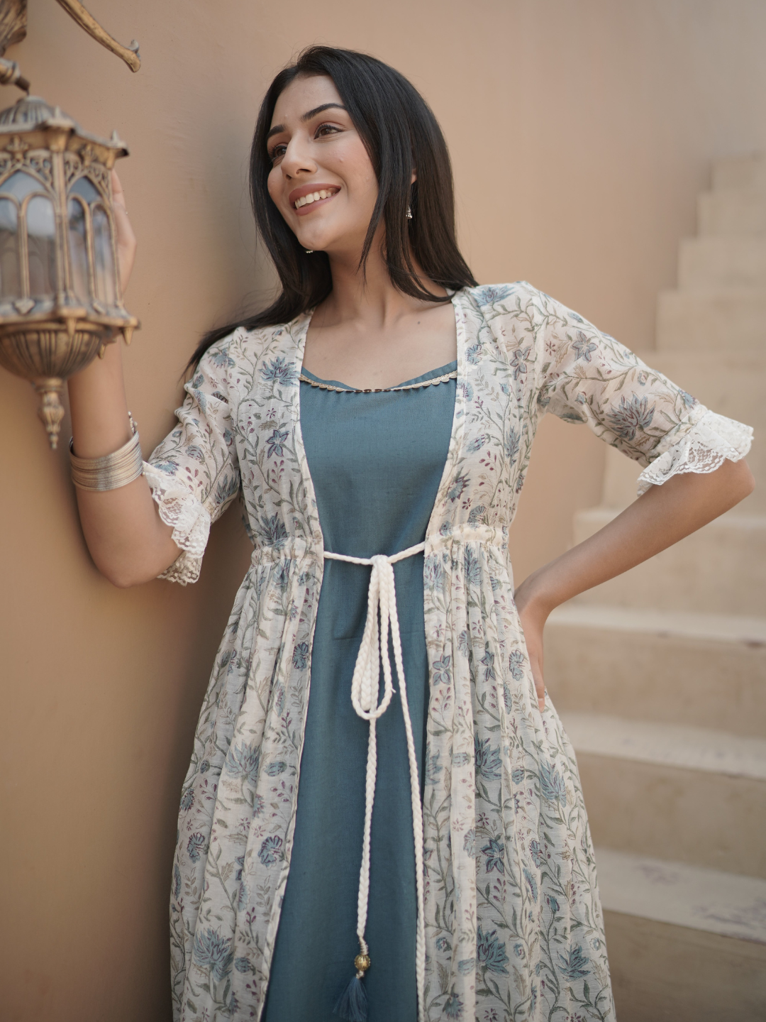 Chanderi Block Print Shrug with Inner Dress XS