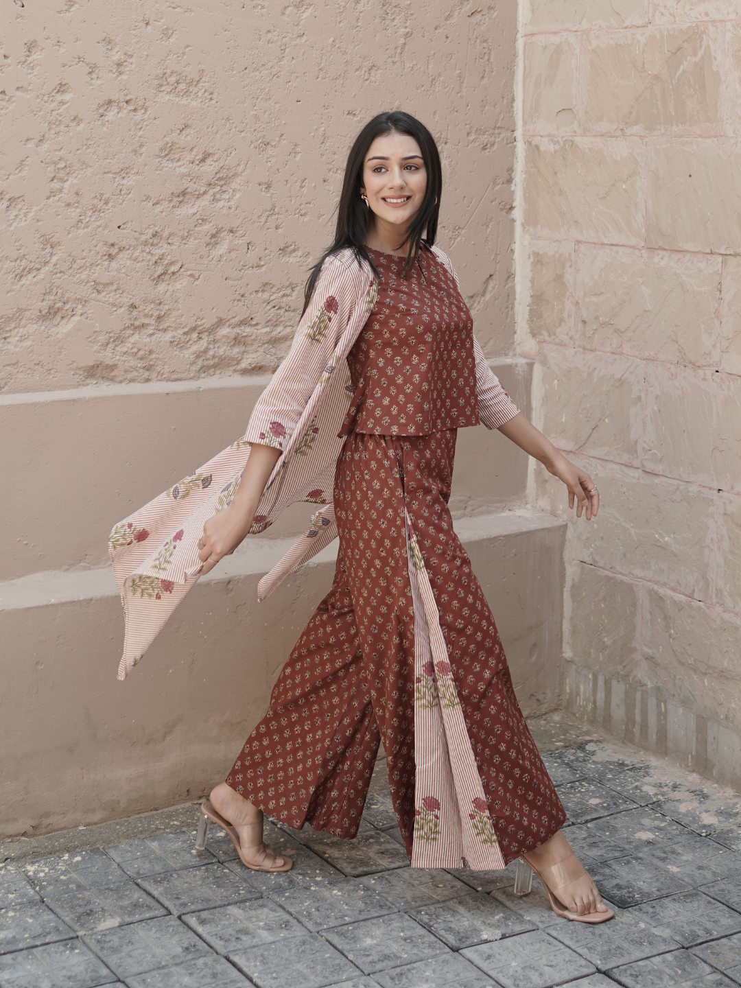 Block Printed Co-ord Top and Palazzo with Shrug