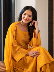 Yellow Cotton Embroidered Kurta Set With Dupatta And Pants