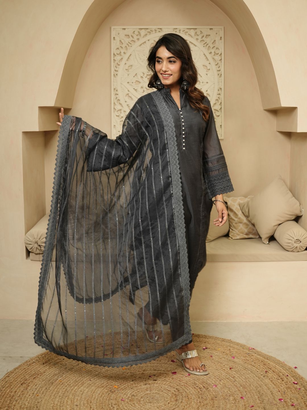 Charcoal Chanderi Kurta with Dupatta and Pant