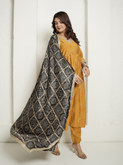 Muslin Yellow Kurta with Black Banhdej Dupatta