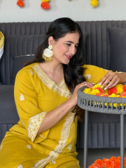 Crinkle Crepe Yellow Embroidery Kurta Set With Organza Dupatta