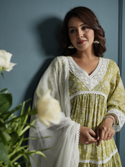 Green White Lace Kurta with Pants And Dupatta