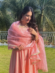 Pink Chanderi Kurta Set With Organza Dupatta