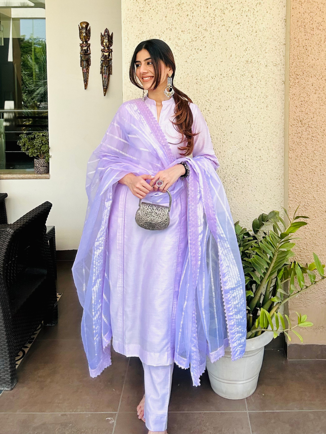 Lilac Chanderi Kurta Set With Dupatta & Pants