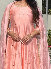 Pink Chanderi Kurta Set With Organza Dupatta