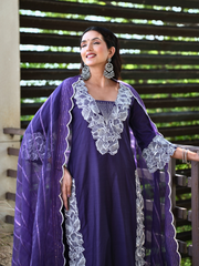 Blue Chanderi Kurta Set With Embroidery