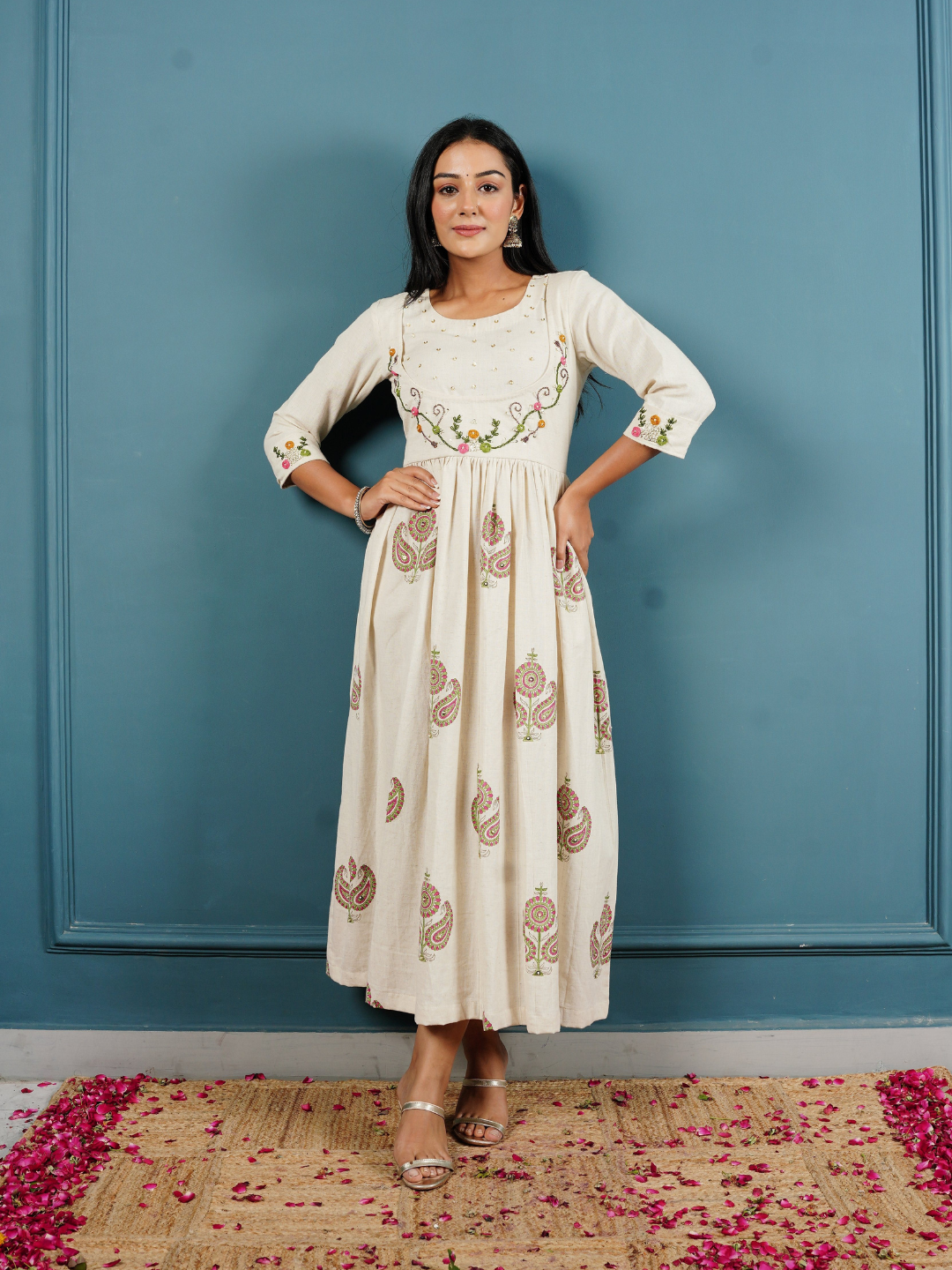 Long Dress in Cotton Linen Fabric with Block Print & Hand Embroidery