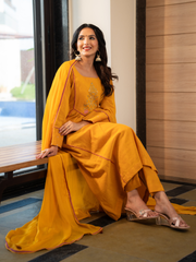 Yellow Cotton Embroidered Kurta Set With Dupatta And Pants