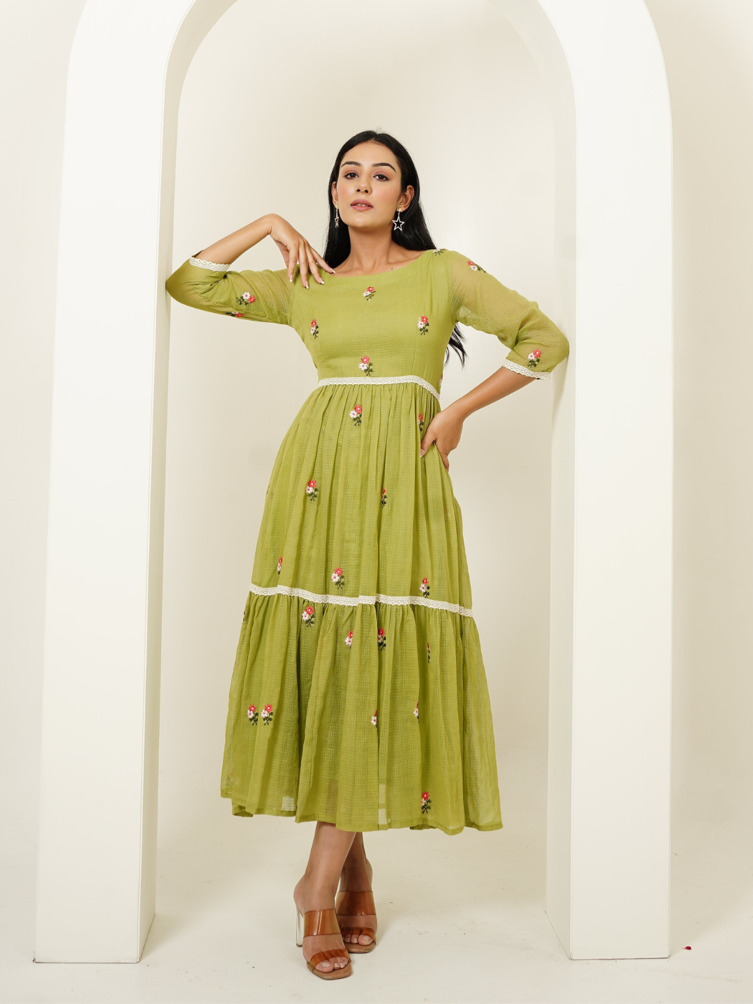 Long Dress in Kota Doriya Fabric with Embroidery