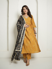 Muslin Yellow Kurta with Black Banhdej Dupatta