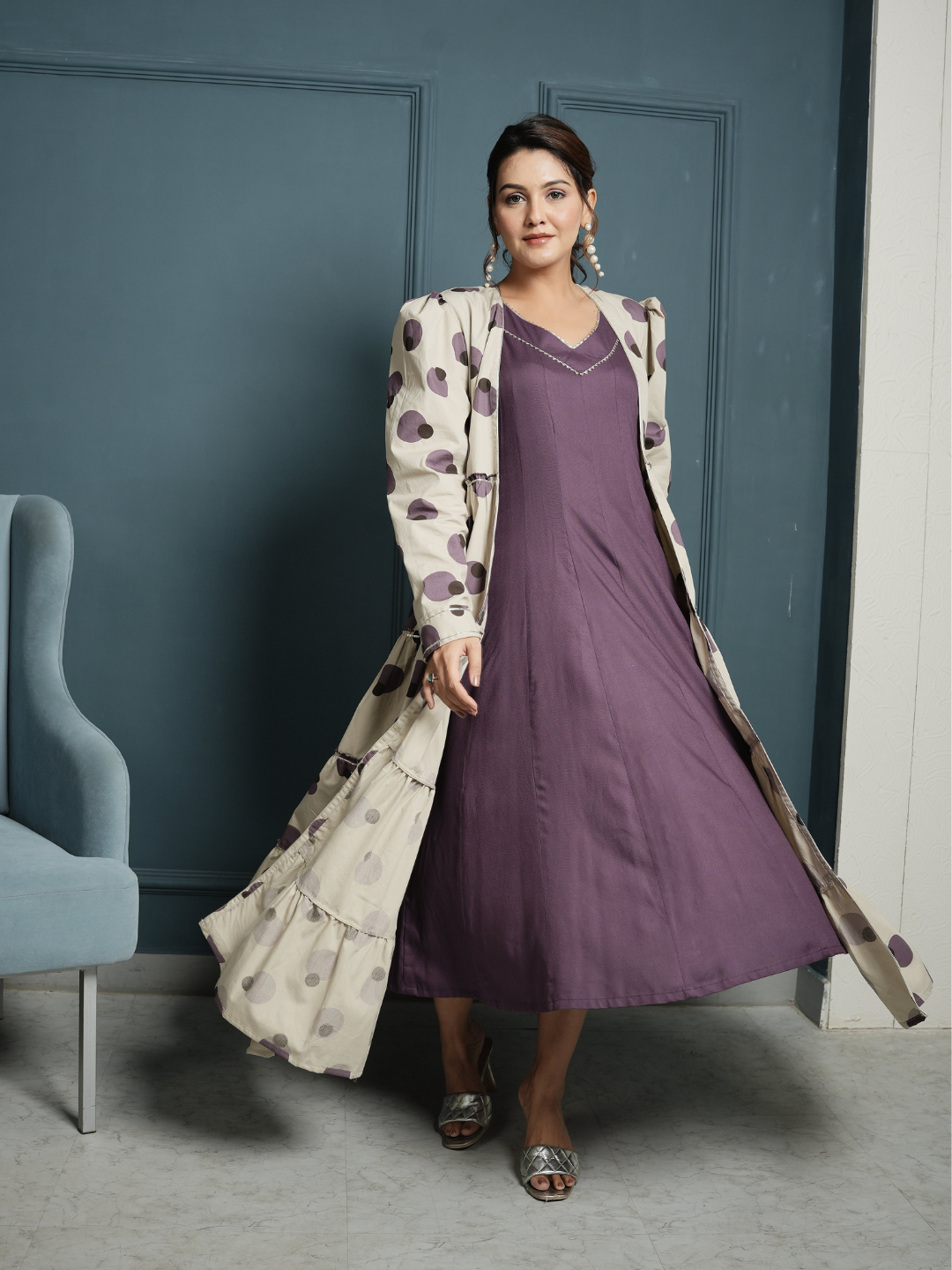 RAYON INNER DRESS WITH POPLIN BLOCK PRINT SHRUG