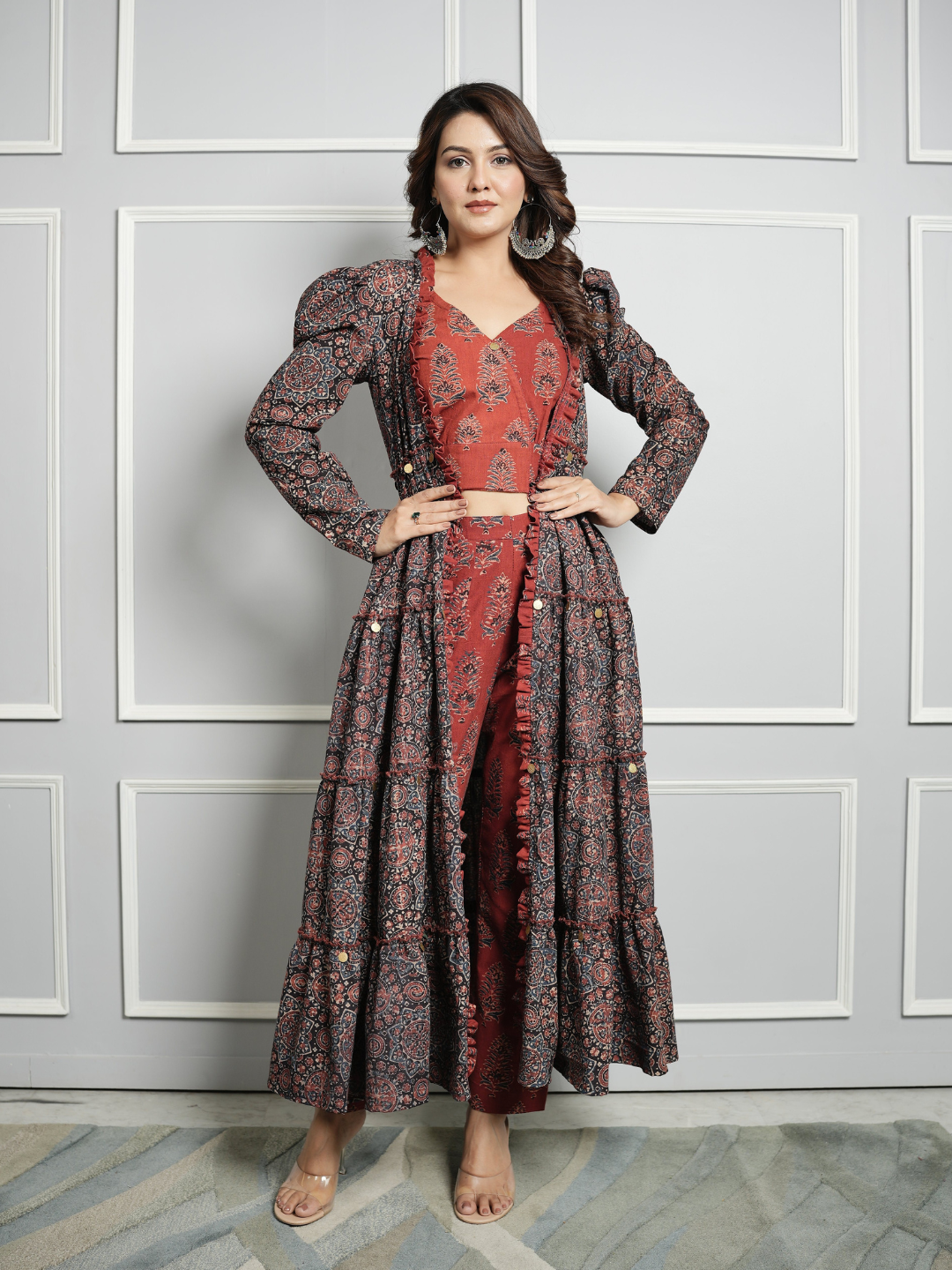 Ajrakh Block Print Co-ord Set with Shrug with Gold Detailing M