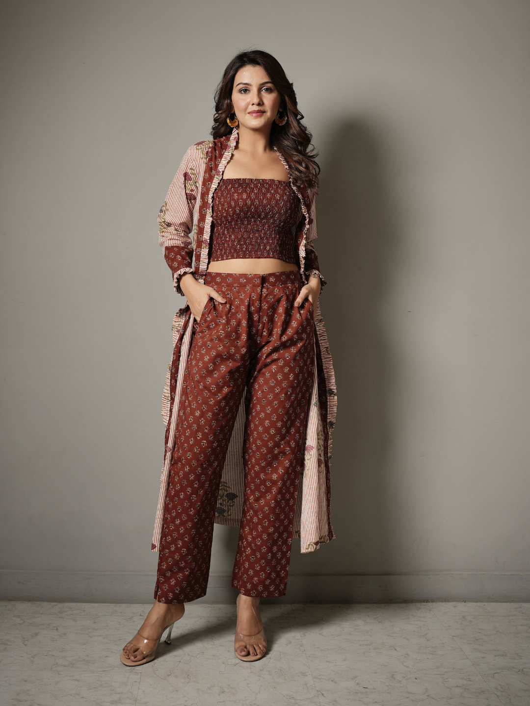 Block Print Crop Top and Pant Co-ord with Shrug XS