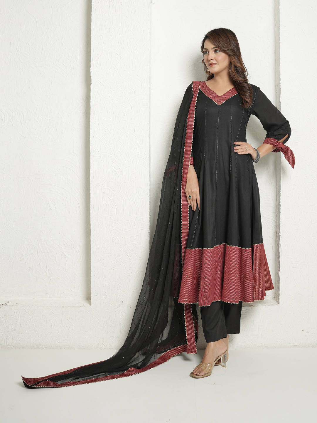Black Anarkali Kurta with Pants And Dupatta with Block Print Stripes Detailing