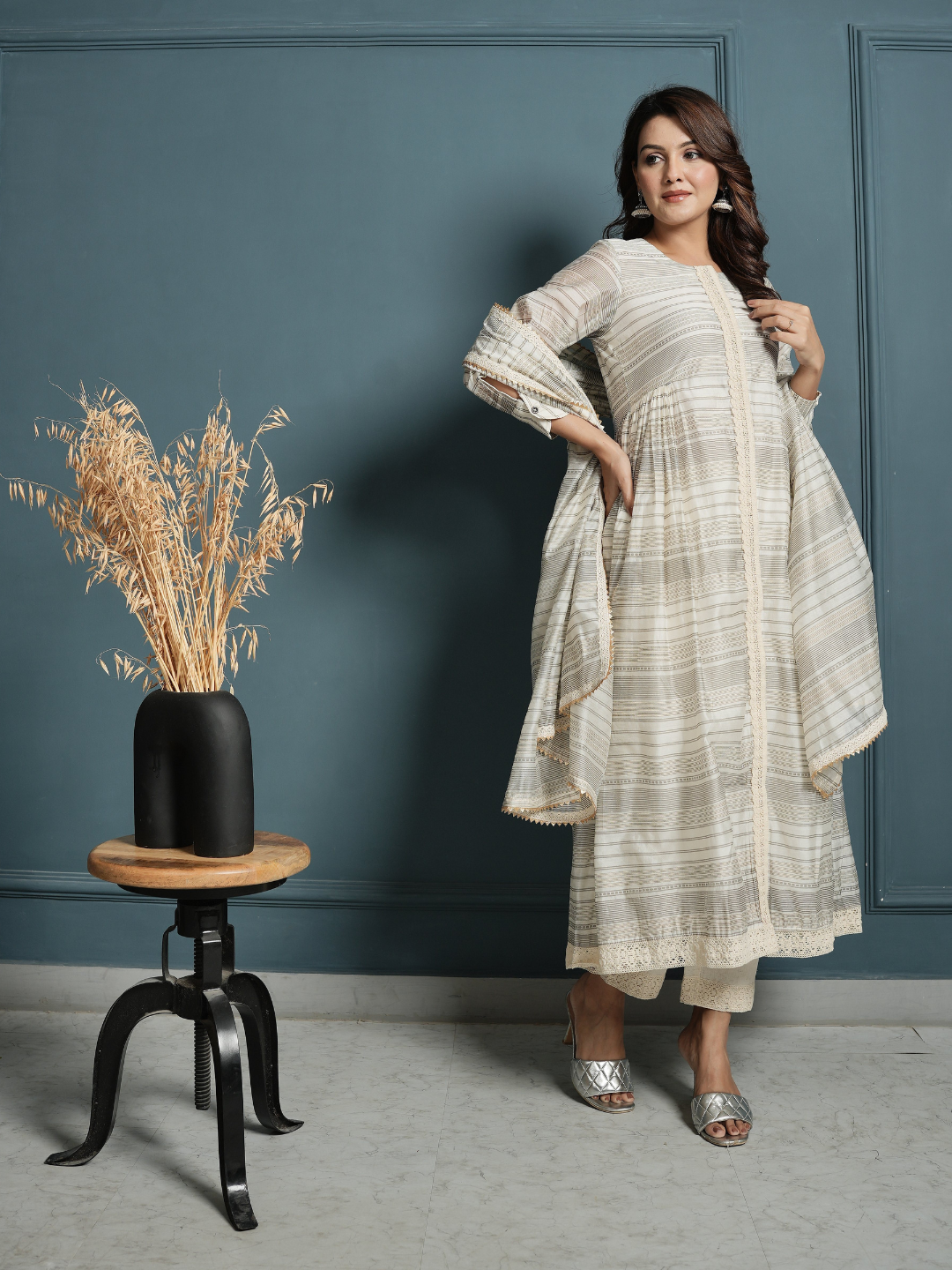 Block Print Golden Stripe Kurta with Pants and Dupatta