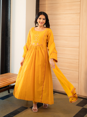 Yellow Cotton Embroidered Kurta Set With Dupatta And Pants